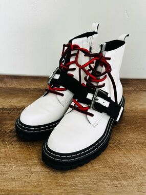 Cecelia New York Hayden White  Boots.  Leather Combat Boots with Red Laces